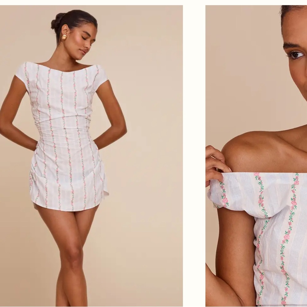 NWT PASTEL BLUE STRIPE DITSY PRINT BARDOT A-LINE DRESS
